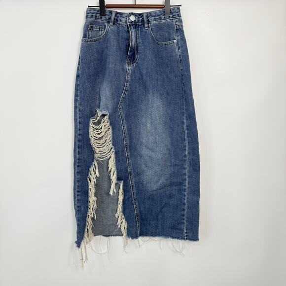 None Dresses & Skirts - Denim Maxi Skirt Womens Size XS Blue Medium Wash Distressed Slit Westen Festival